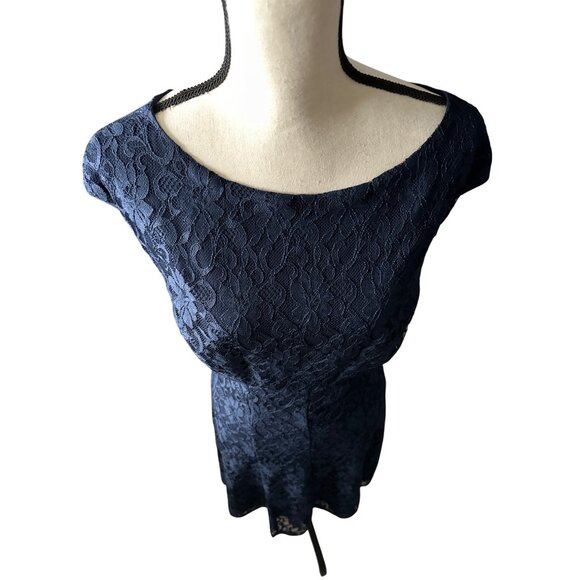 Lauren Ralph Lauren Navy Lace Evening Dress Midi Cap Short Sleeve Waist Size 18 - Picture 5 of 9